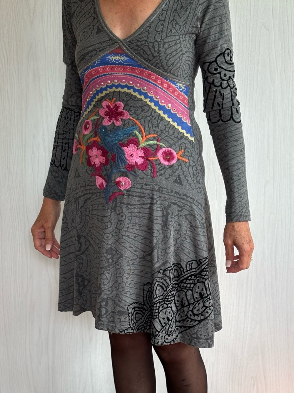 Gray Long-Sleeve V-Neck Dress with Pink Floral Embroidery - Picture 1 of 4